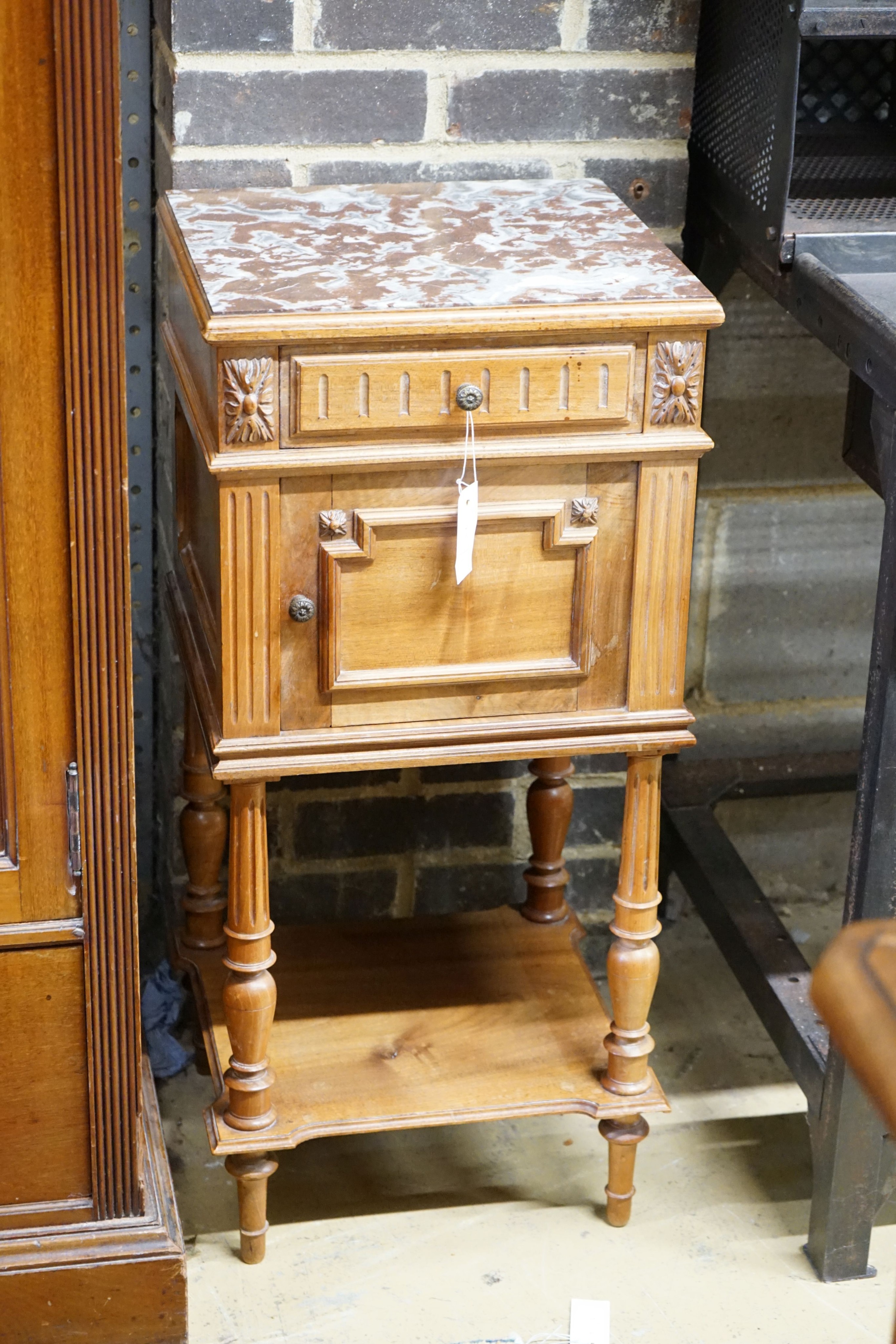 An early 20th century French walnut marble top bedside cabinet, width 38cm, depth 36cm, height 82cm